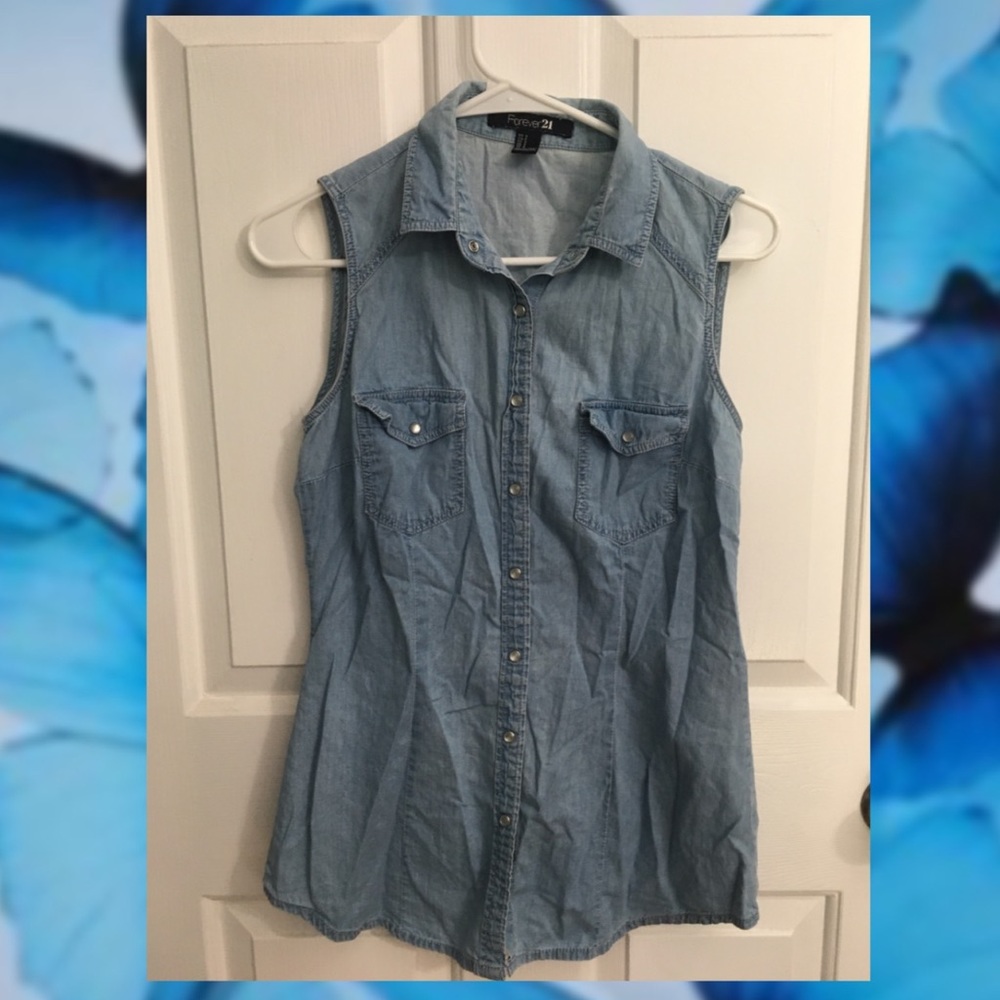 blue button up fitted tank shirt